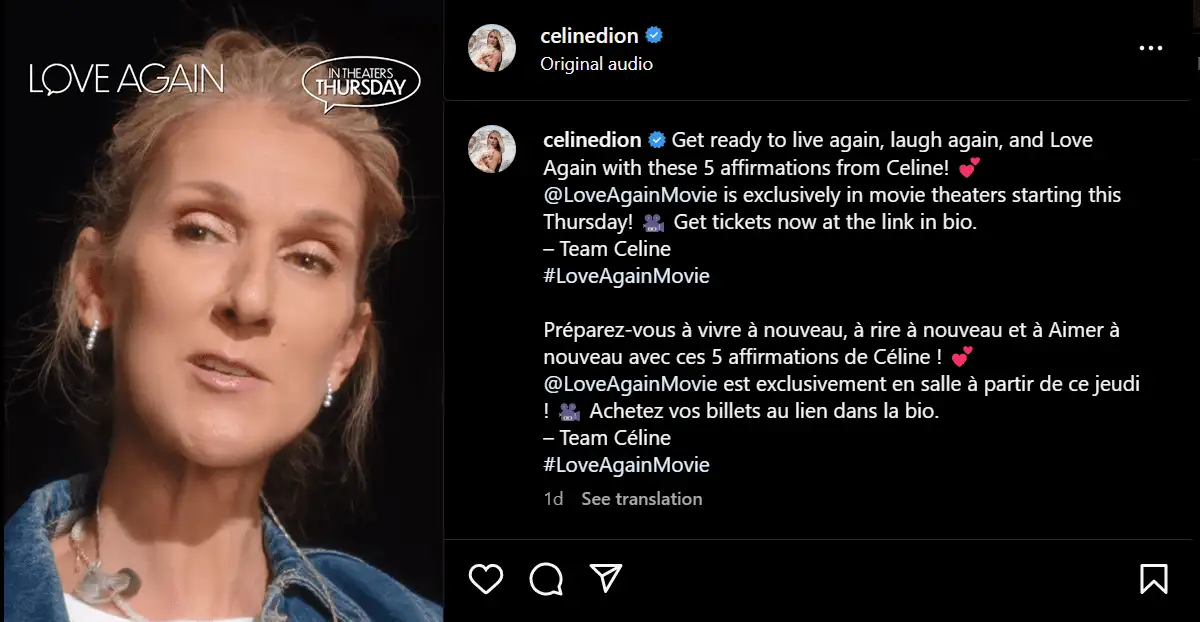 The Iconic Celine Dion to Star in Love Again! A screenshot of an Instagram post from Celine Dion telling about the movie
