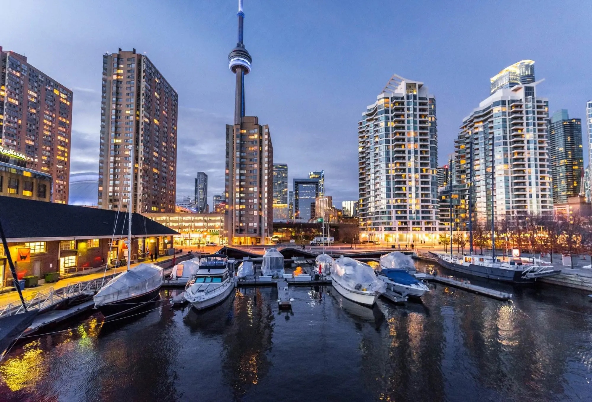 What Is Canada Known For: The 10 Compelling Facts A view of nights in Toronto Canada. A view of boats placed beside the dock and the buildings glowing with lights.