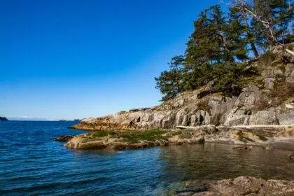 A view of Bowen Island, a rocky sea shore and trees in it by the side of the sea. There will be a boat tour and dinner to Bowen Island from Vancouver.