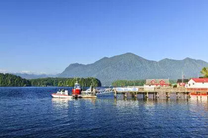 Boats at a dock and a waterbody beside it in Tofino, BC