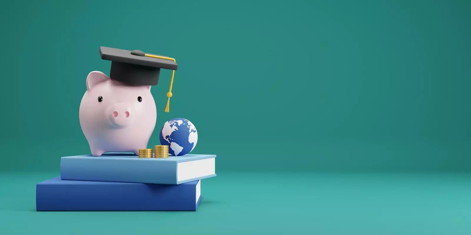 Investment education and scholarships concept. A design of a piggy bank with a graduation hat on the book.