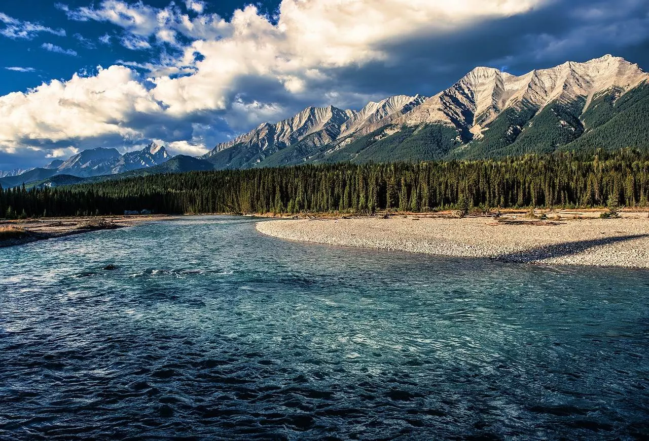 A river, mountains and cloudy sky in the Banff National Park