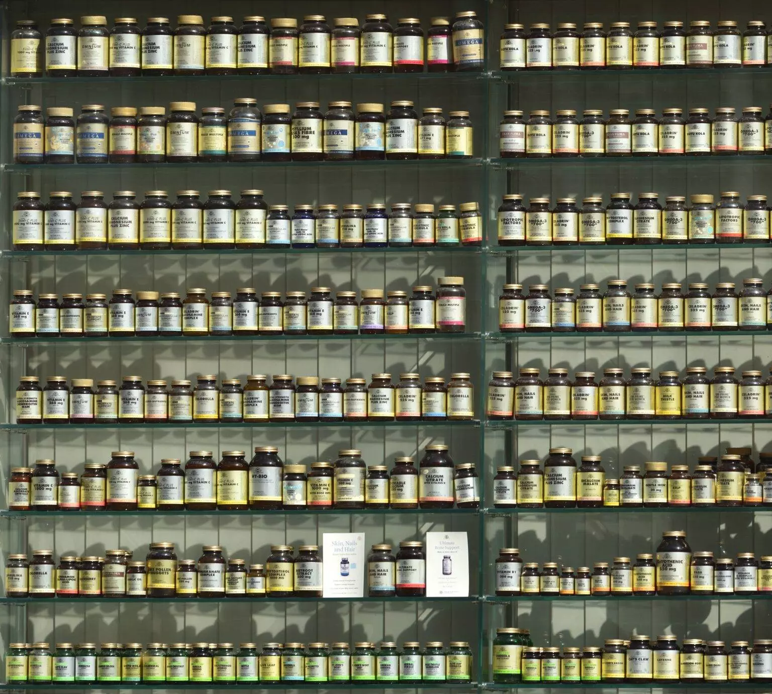 Shelves filled with pill bottles.