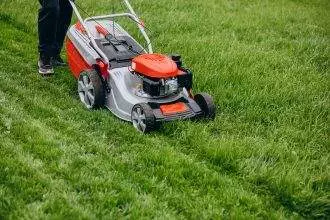 man cutting grass with lawn mover back yard