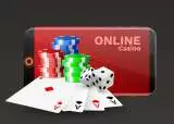 Online casino concept, playing cards, dice chips and smartphone with copyspace. Banner template layout mockup for online casinos and gambling. Vector illustration.