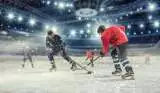 Hockey players shoot the puck and attacks.